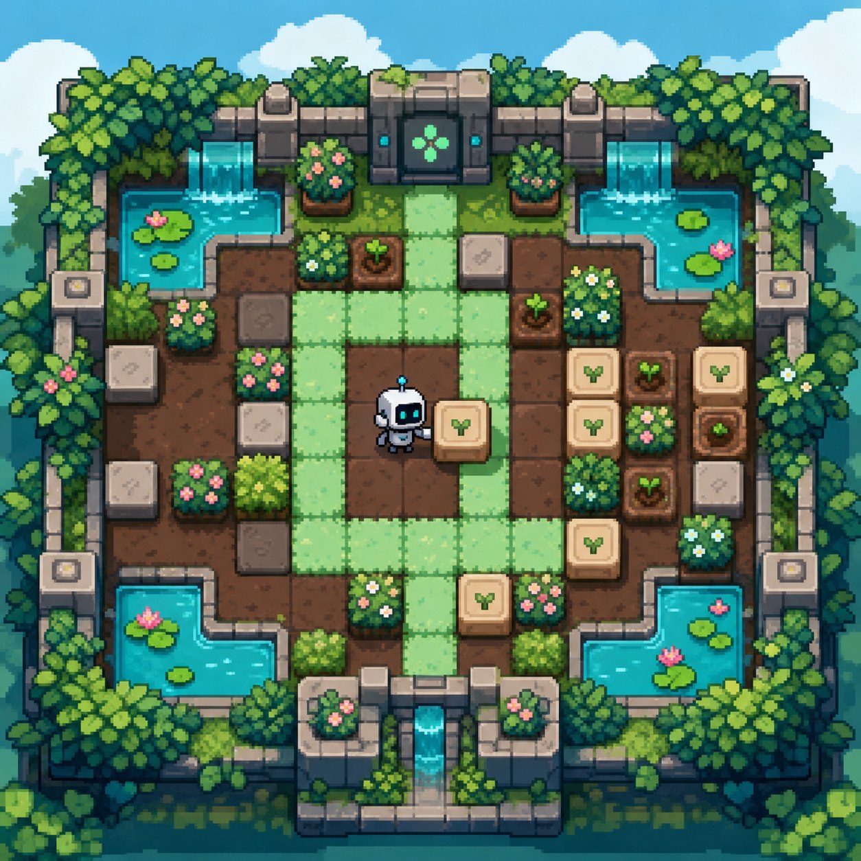 Concept illustration: A garden puzzle where a tiny robot pushes seed blocks onto empty soil.